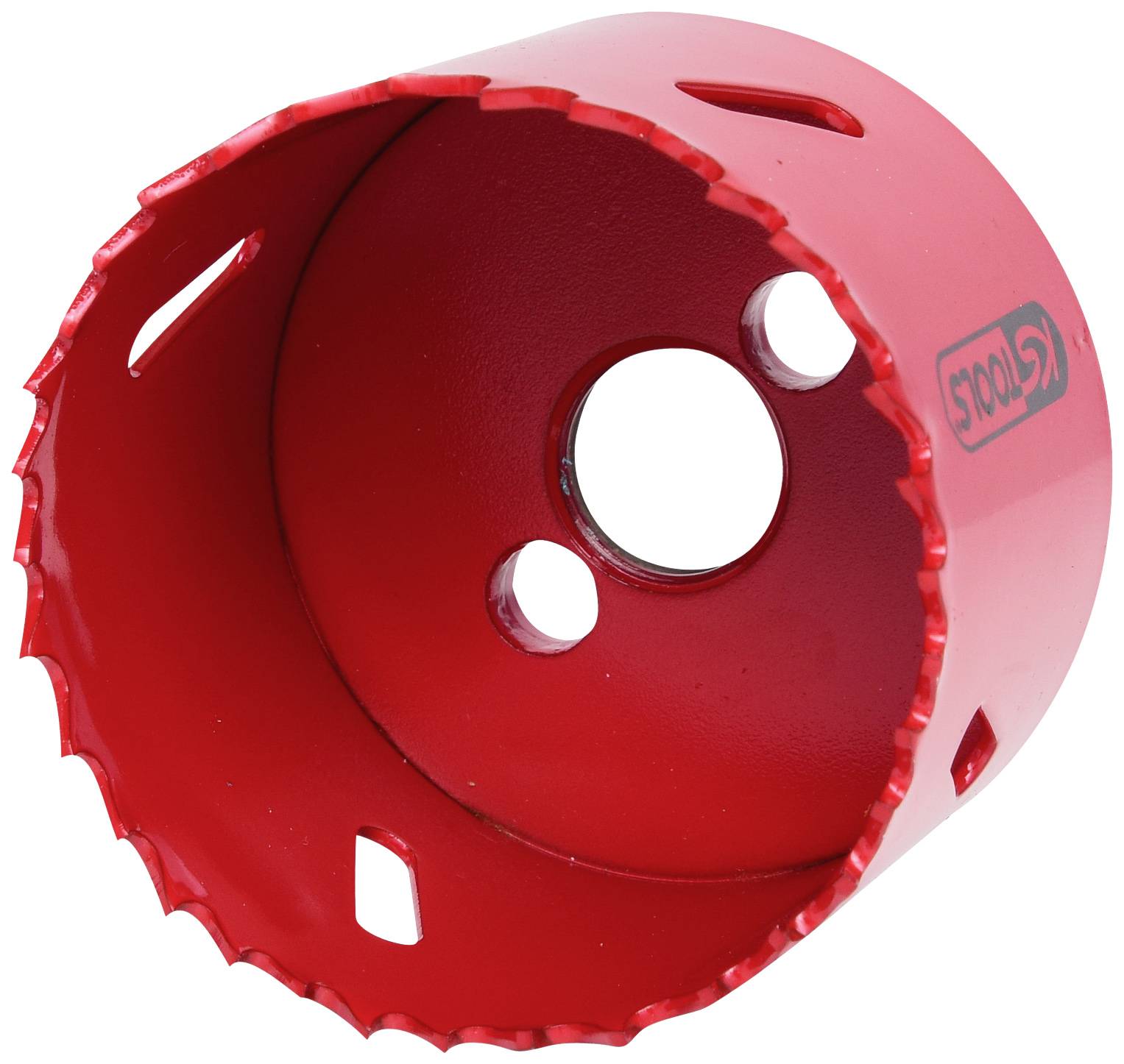 Red hole saw attachment with sharp teeth and multiple openings for precise drilling in wood or metal. Suitable for circular cut-outs.