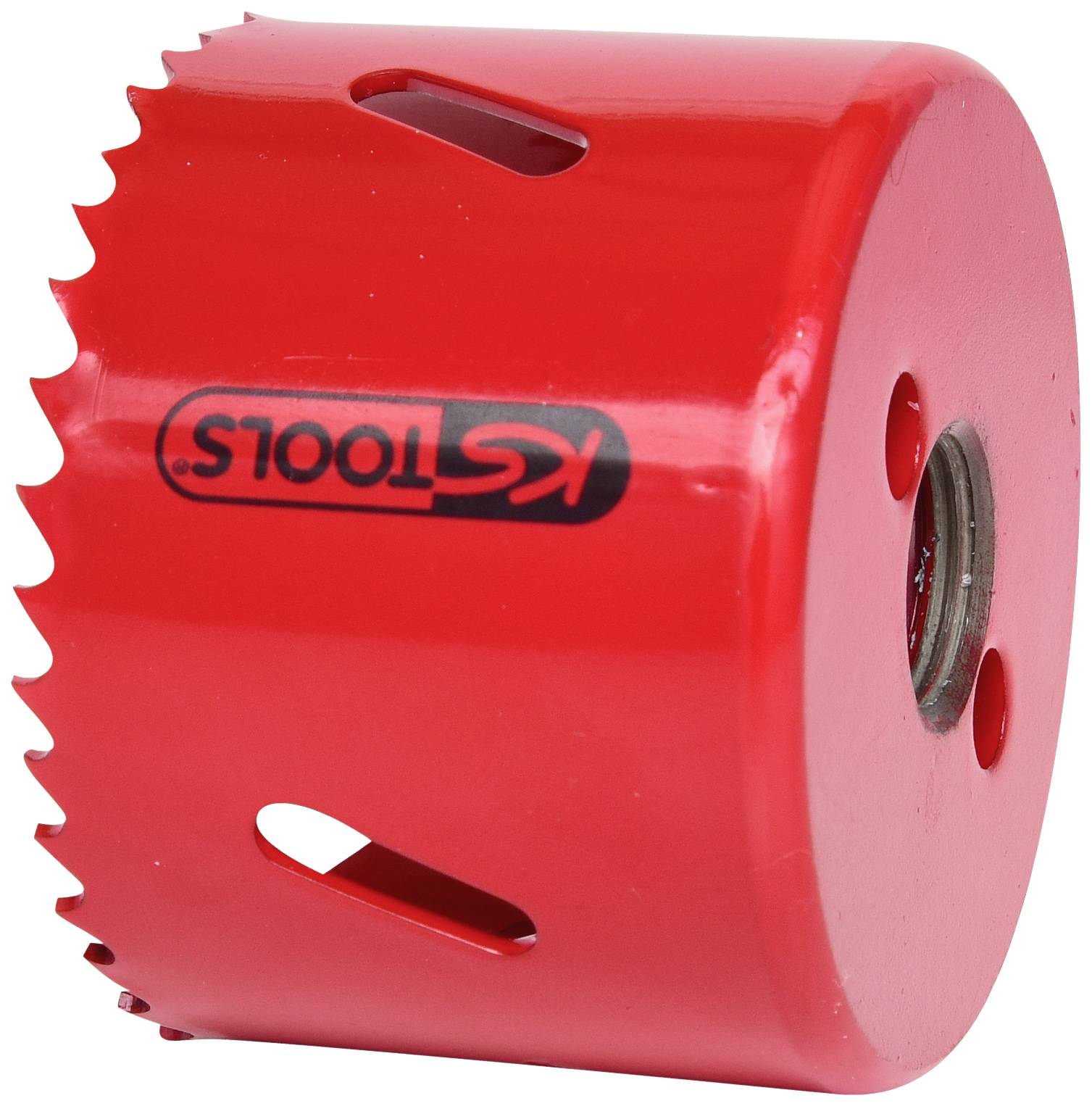 Red metal hole saw blade with teeth, branded 'KStools', used for drilling large holes in materials.