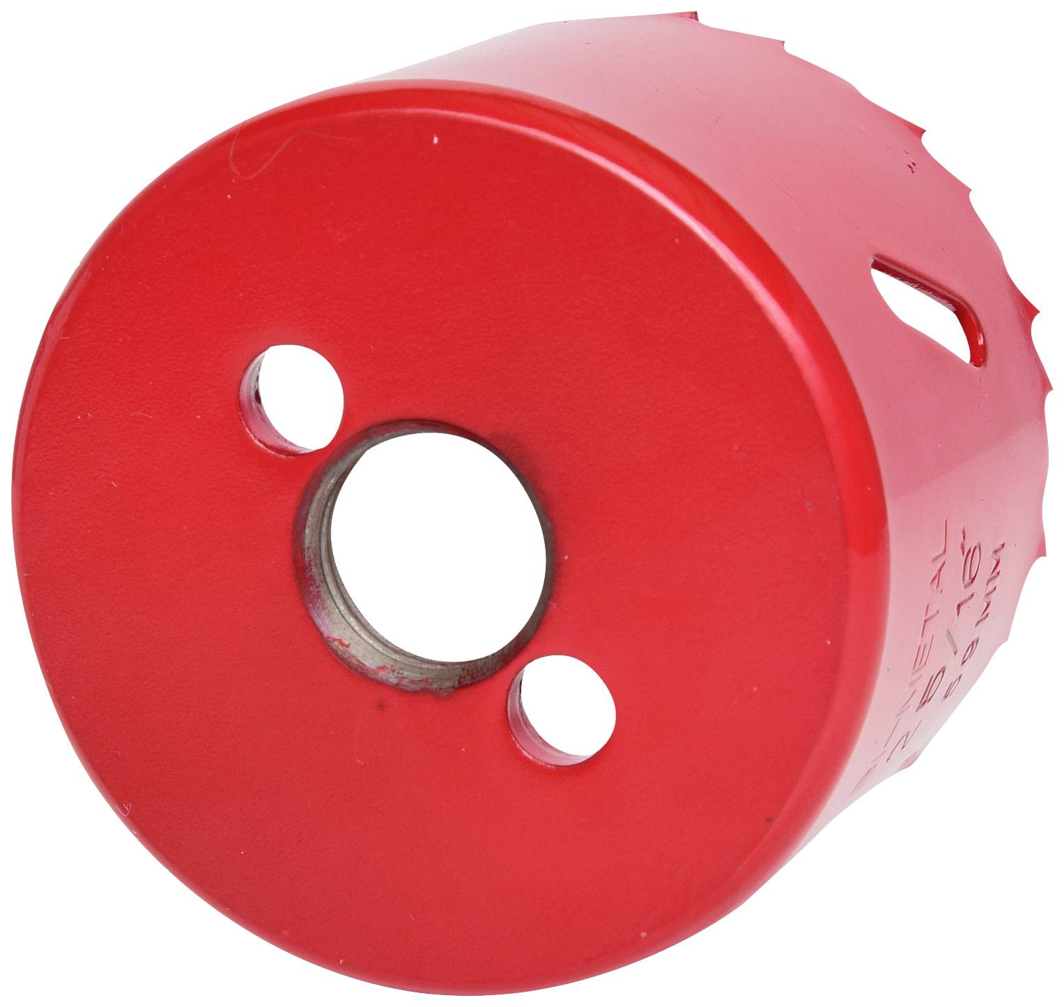 A red hole saw attachment with three holes, suitable for metal drilling, structured for precise cutting.