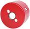 A red hole saw attachment with three holes, suitable for metal drilling, structured for precise cutting.