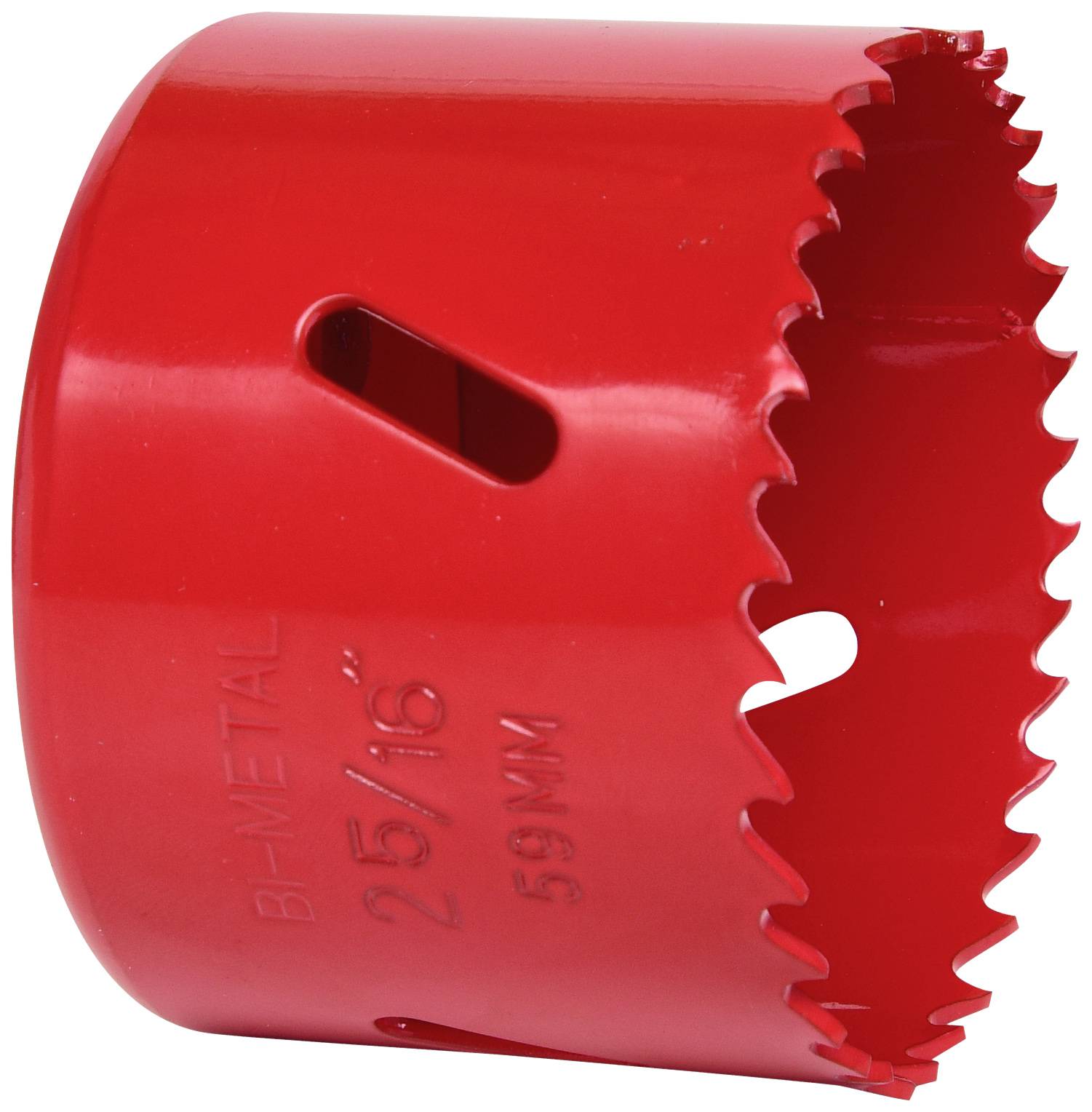 Red Bi-Metal Hole Saw, Size 25/16 inch (59 mm), with toothed edge, suitable for precise drilling in wood and metal.