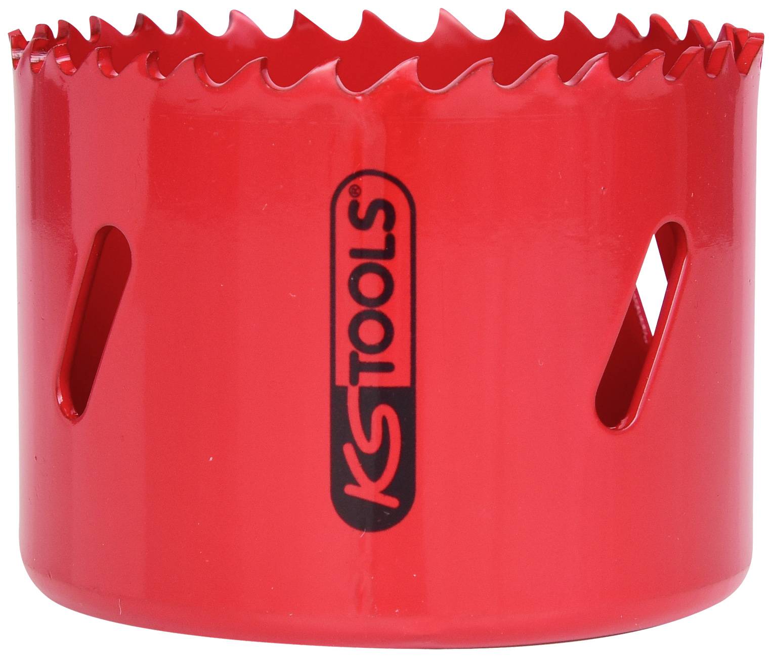 Red metal hole saw attachment. Brand logo on the side. Suitable for cutting round holes in various materials.