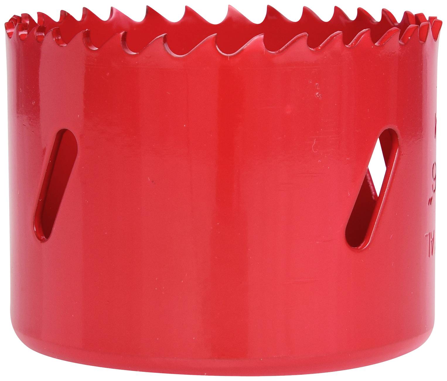 Red hole saw attachment with serrated edges, used for drilling large holes in materials such as wood or metal.