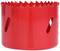 Red hole saw attachment with serrated edges, used for drilling large holes in materials such as wood or metal.