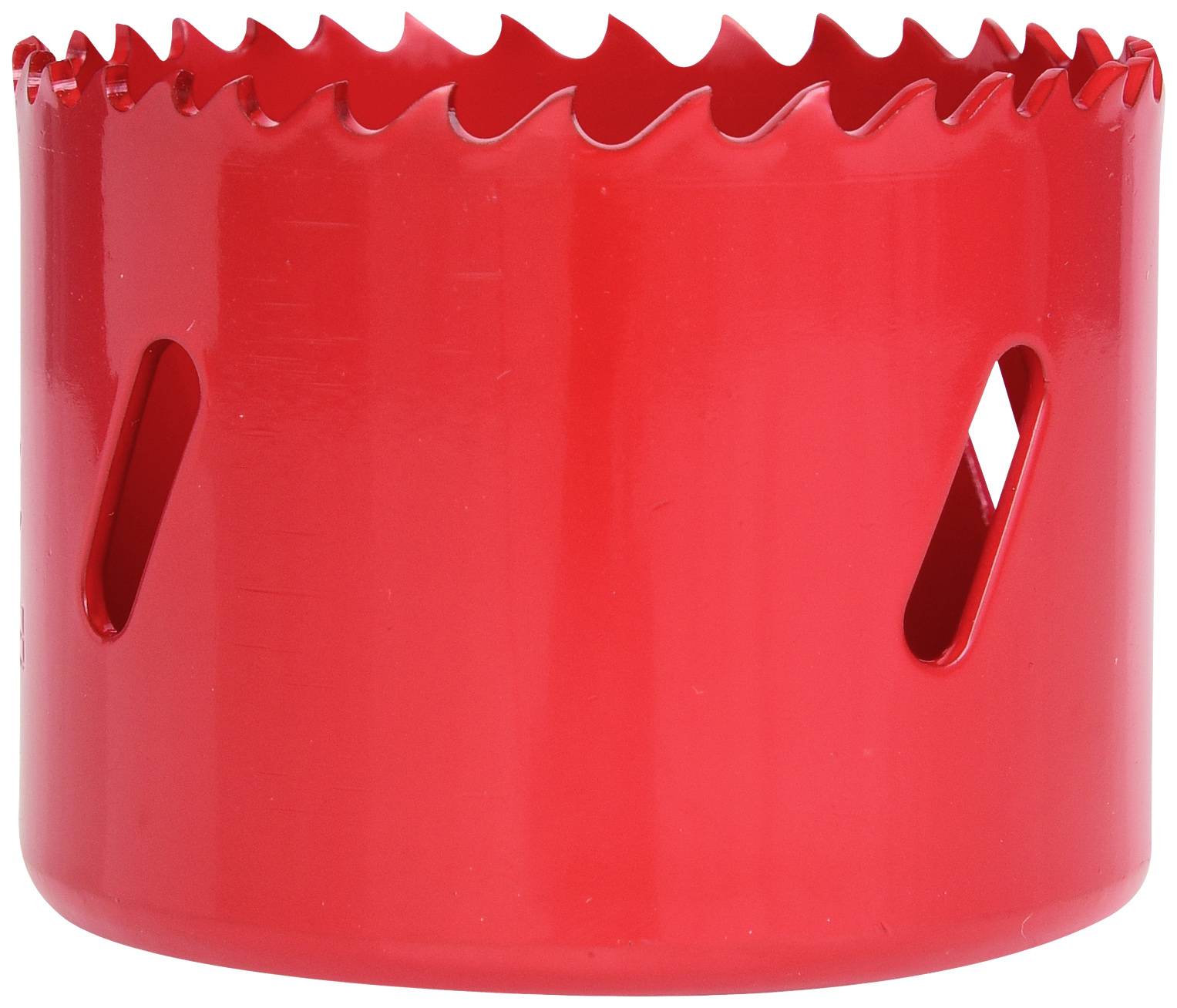 A red hole saw attachment with a serrated edge and ventilation openings on the side, suitable for DIY tasks.