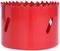 A red hole saw attachment with a serrated edge and ventilation openings on the side, suitable for DIY tasks.