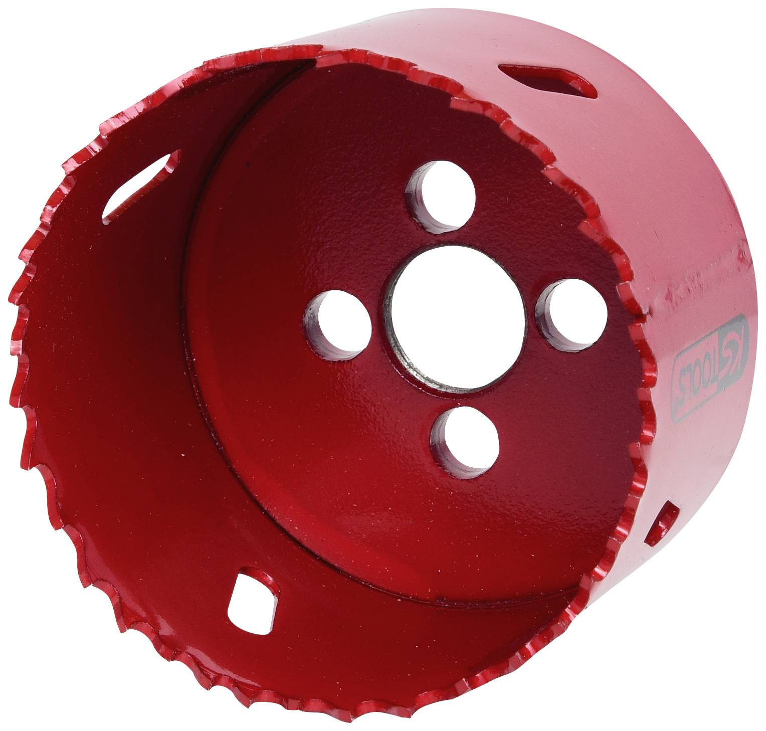 Metal drill crown with red teeth and multiple holes, used for drilling large holes in various materials.