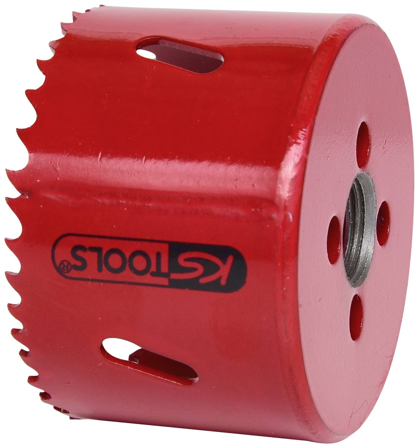Red hole saw blade with serrated edges and side slots, made of metal. Label reads: 'KS Tools'.