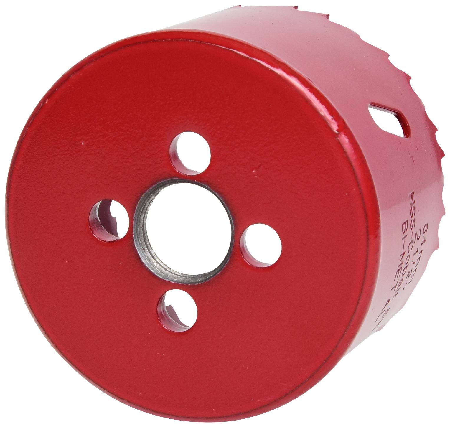 Red saw blade with five holes, used for cutting large, circular openings in various materials.