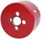 Red saw blade with five holes, used for cutting large, circular openings in various materials.