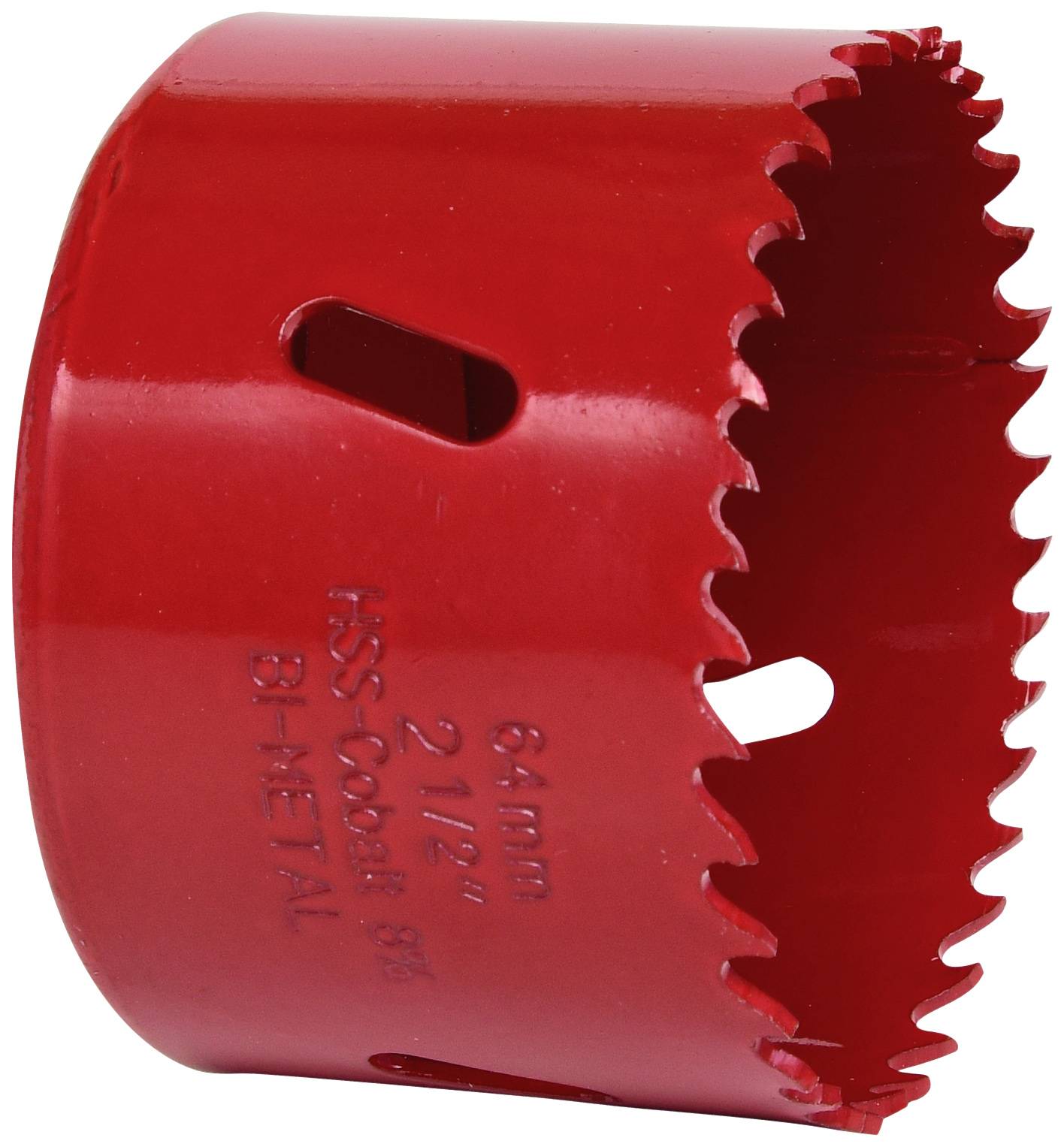 A red bi-metal hole saw blade with serrated edge and side opening, suitable for drilling precise holes in various materials.