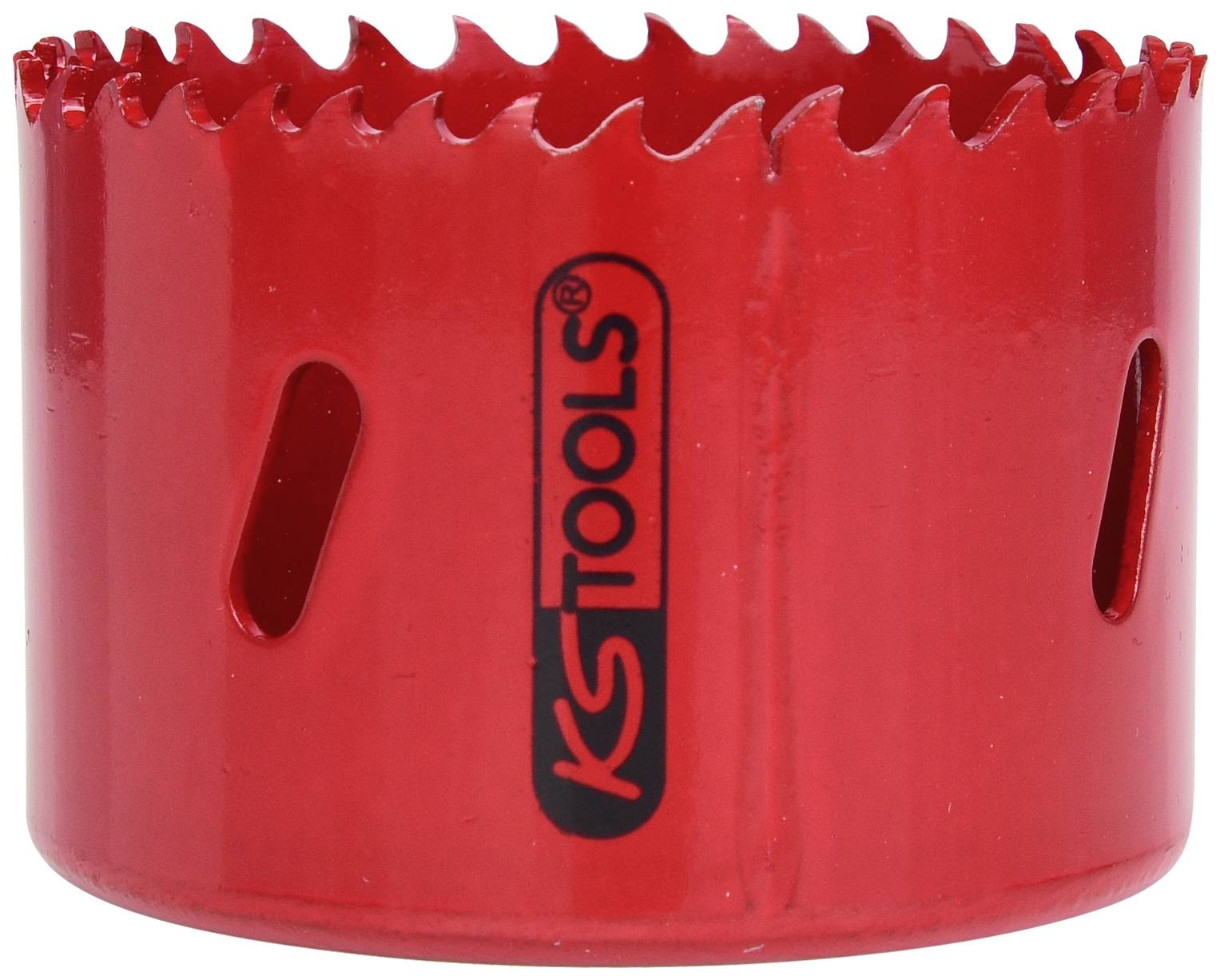 Red hole saw attachment by KS Tools, cylindrical shape with serrated edges, suitable for drilling machines.