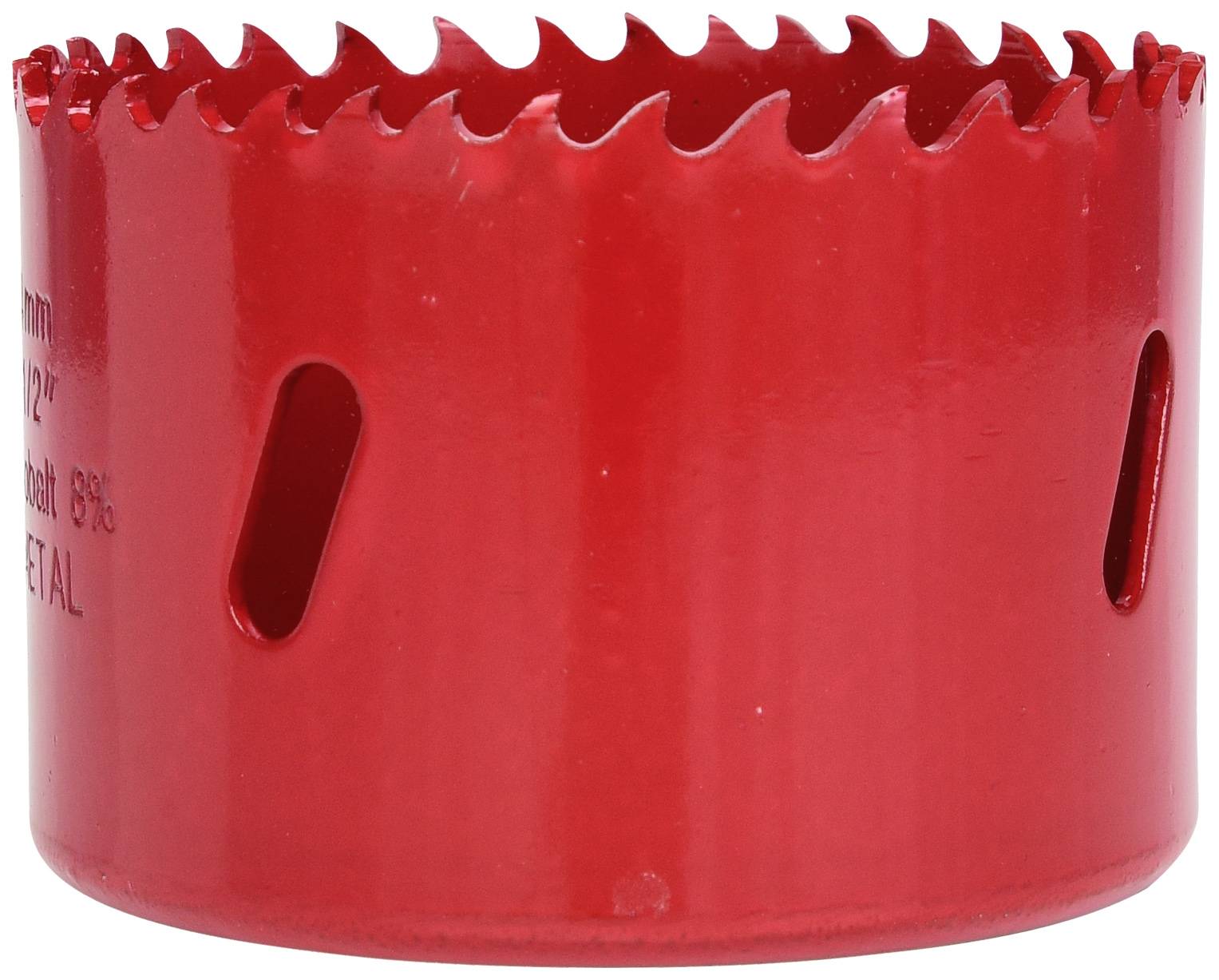 Red hole saw attachment with serrated cutting edge, suitable for drilling large holes in wood or metal.