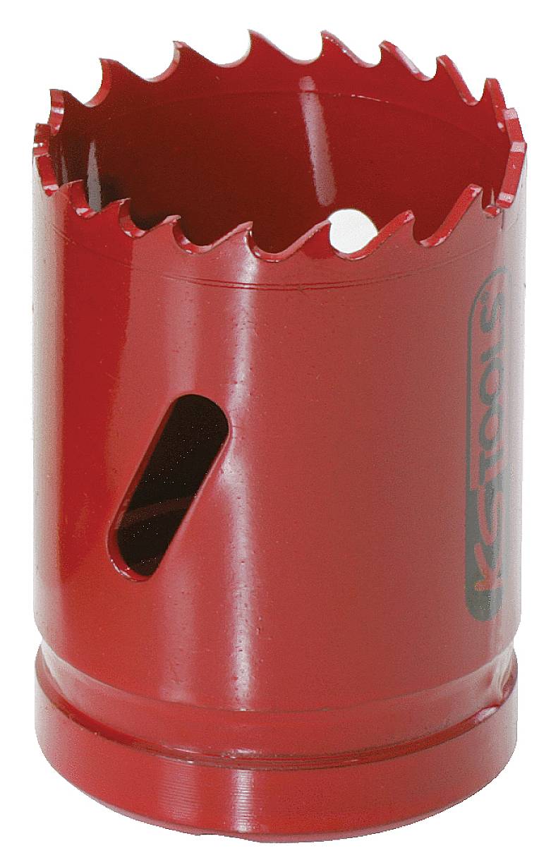 A red hole saw attachment with serrated edges, suitable for drilling into various materials.