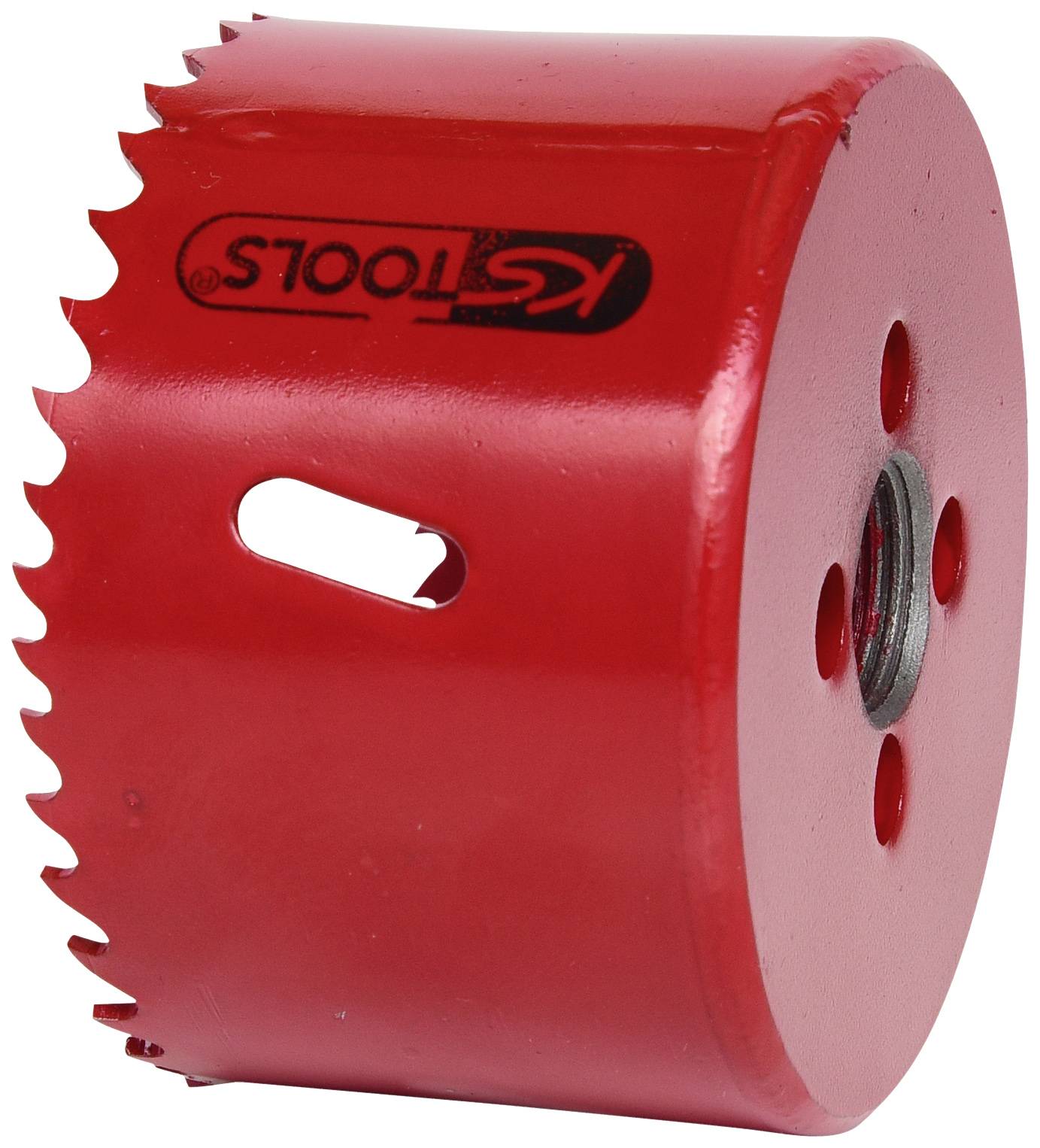 Red metal hole saw blade, cylindrical in shape, with serrated edges, suitable for drill machines and cutting work.