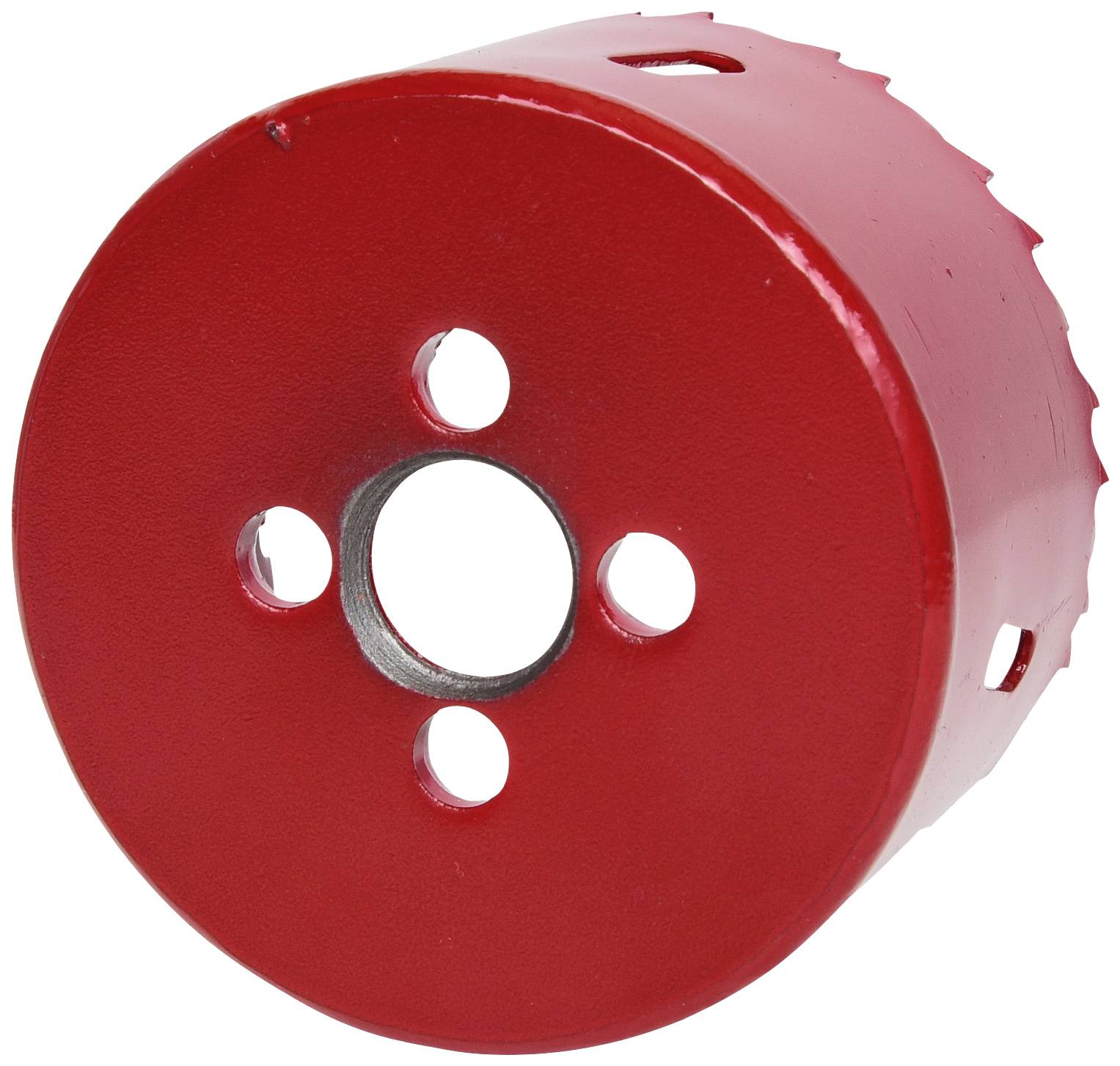Red hole saw with five holes visible, suitable for cutting circular openings in various materials.