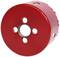 Red hole saw with five holes visible, suitable for cutting circular openings in various materials.