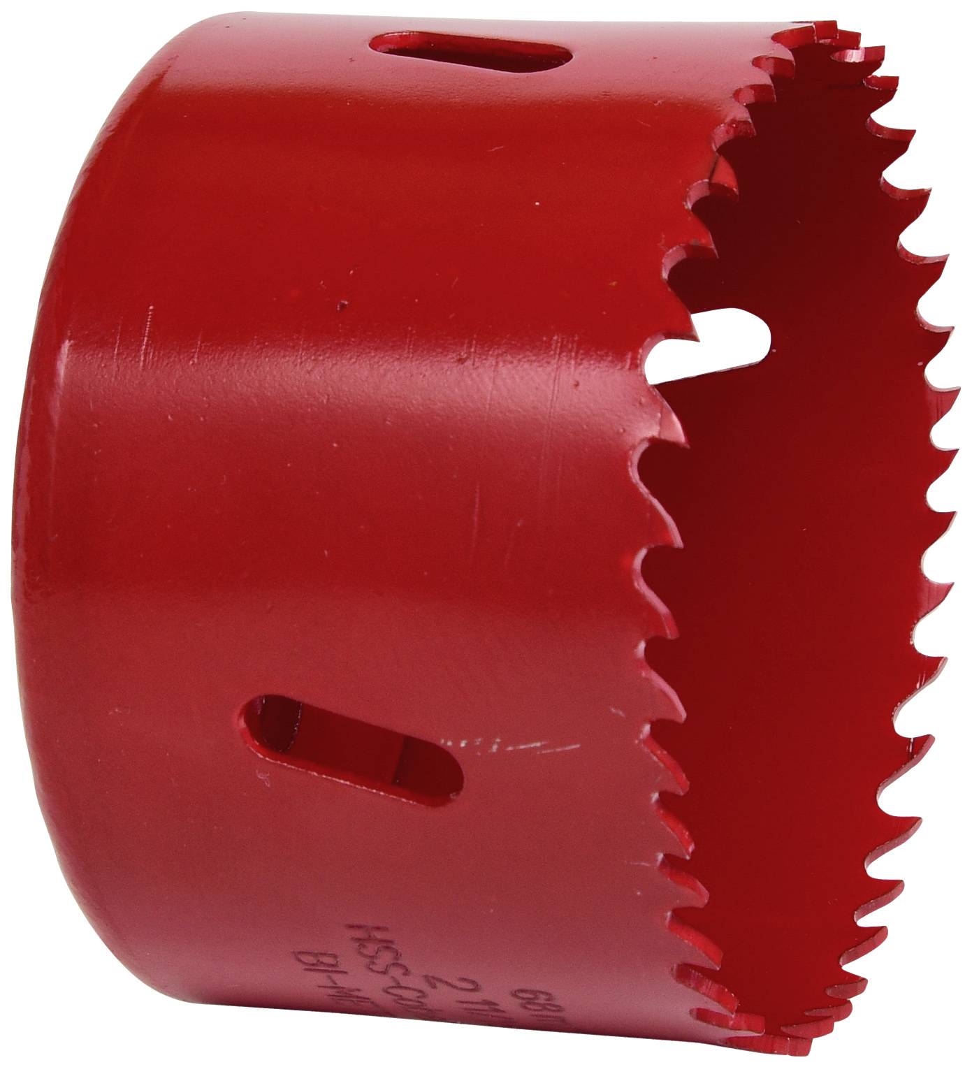 Red hole saw with serrated edge and side slots, used for cutting round holes in materials.