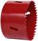 Red hole saw with serrated edge and side slots, used for cutting round holes in materials.