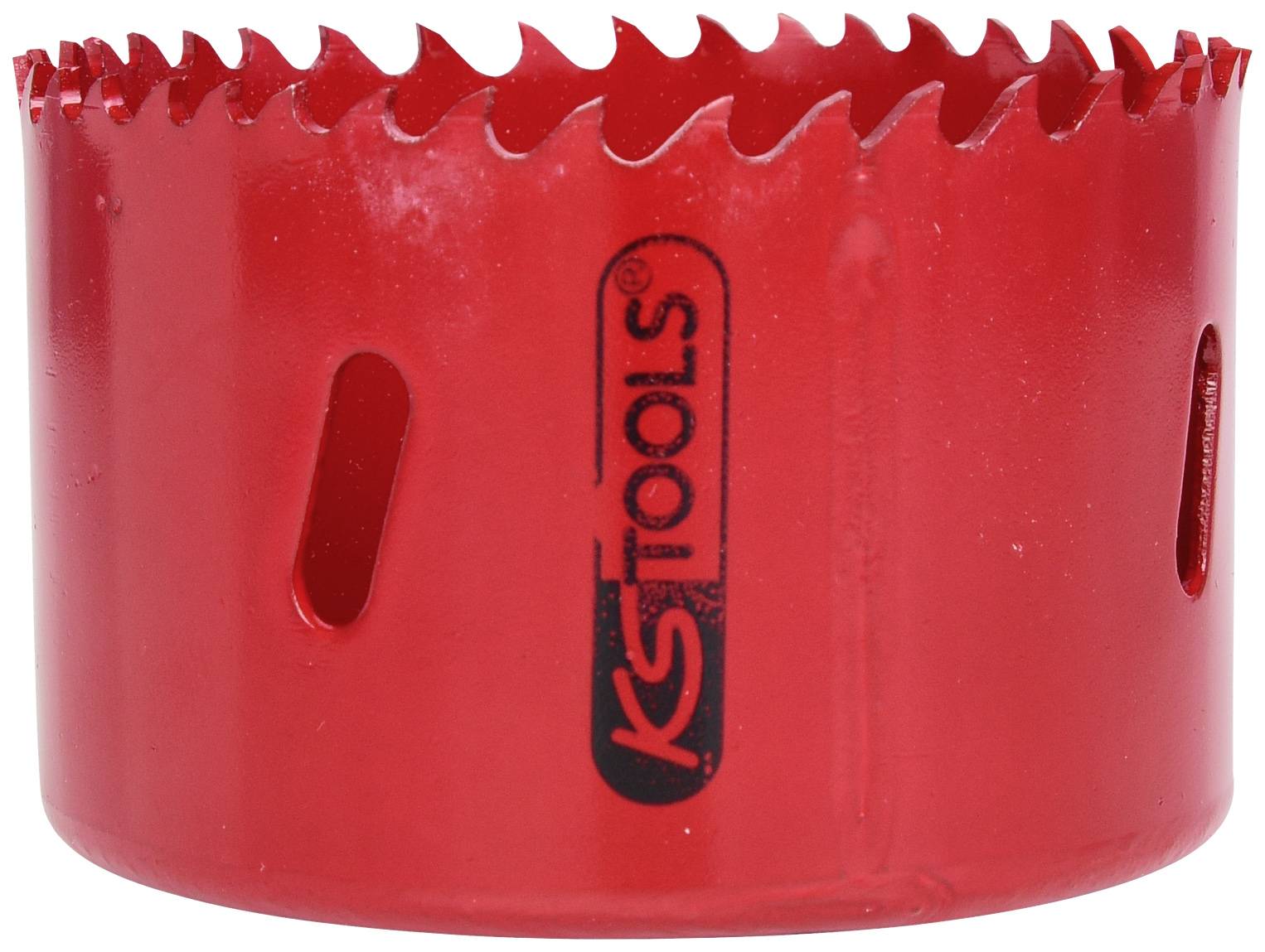 Red hole saw attachment with sharp teeth and 'KS TOOLS' logo, suitable for woodworking.