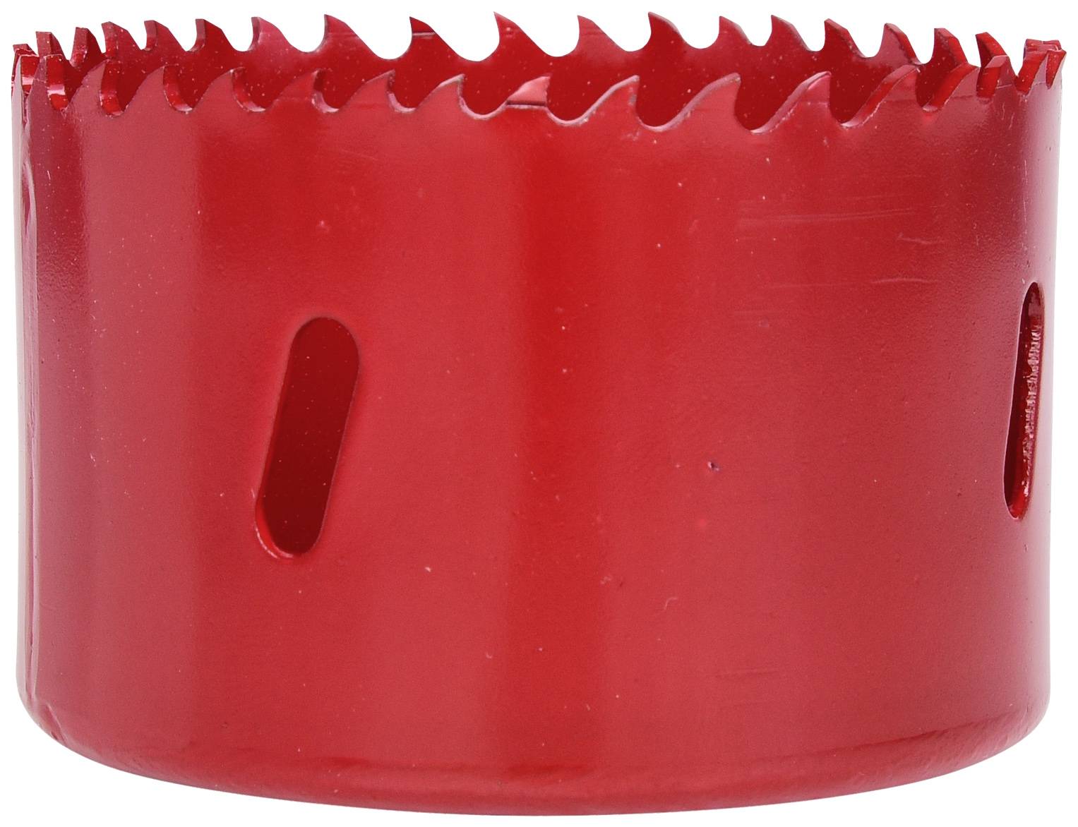A red metal hole saw blade with sharp teeth, used for drilling large holes in various materials.