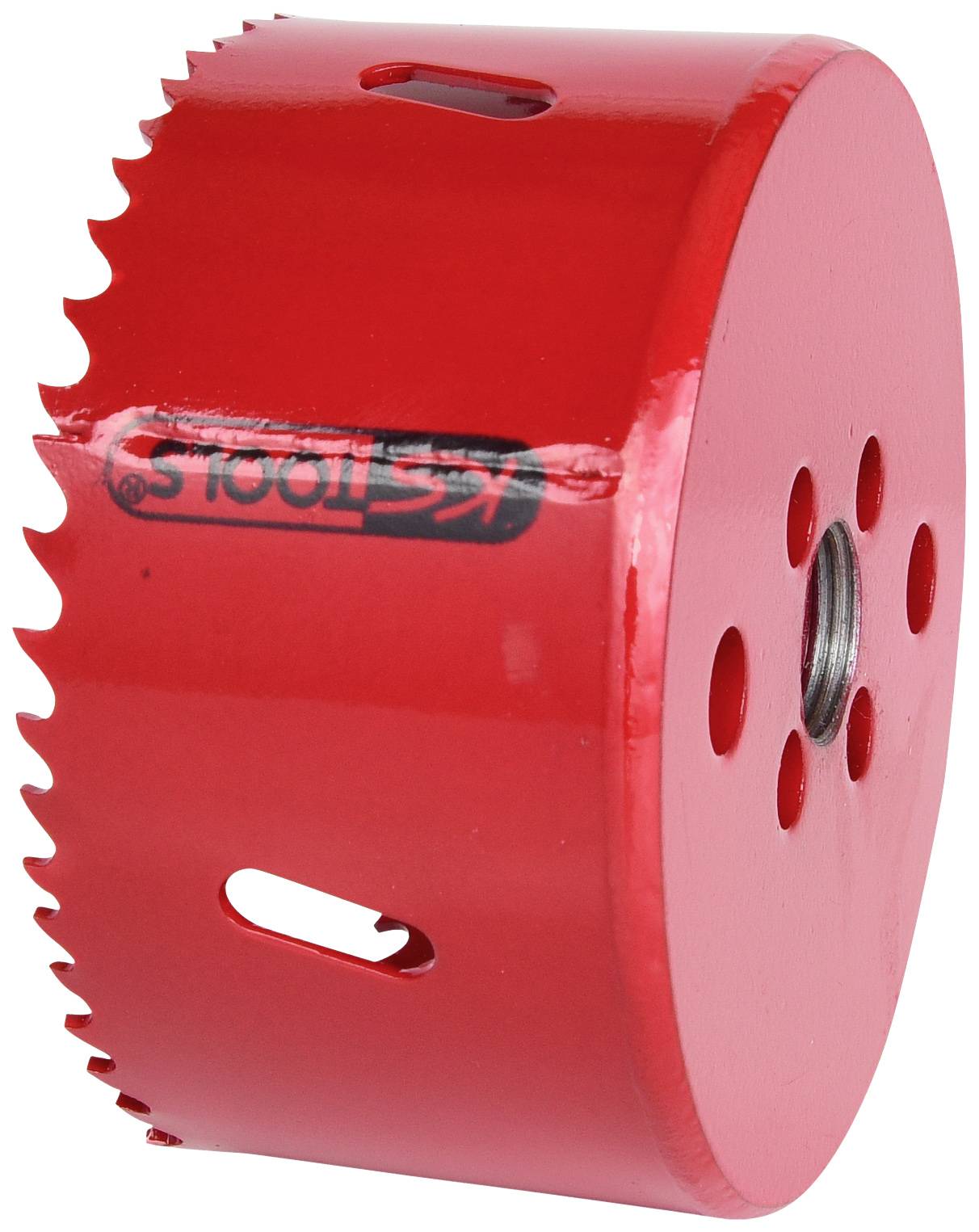 Red hole saw attachment with serrated edges and multiple holes, suitable for drilling large holes in materials.