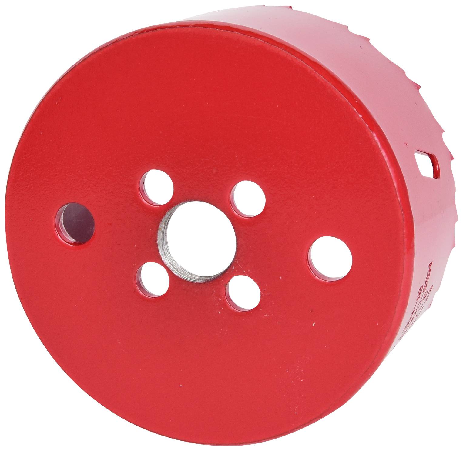 A red, round hole saw drill bit with multiple holes and serrated edges, suitable for drilling into wood or metal.