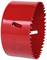 A red hole saw attachment with serrated edges and side slots, suitable for wood or metal drilling in various sizes.