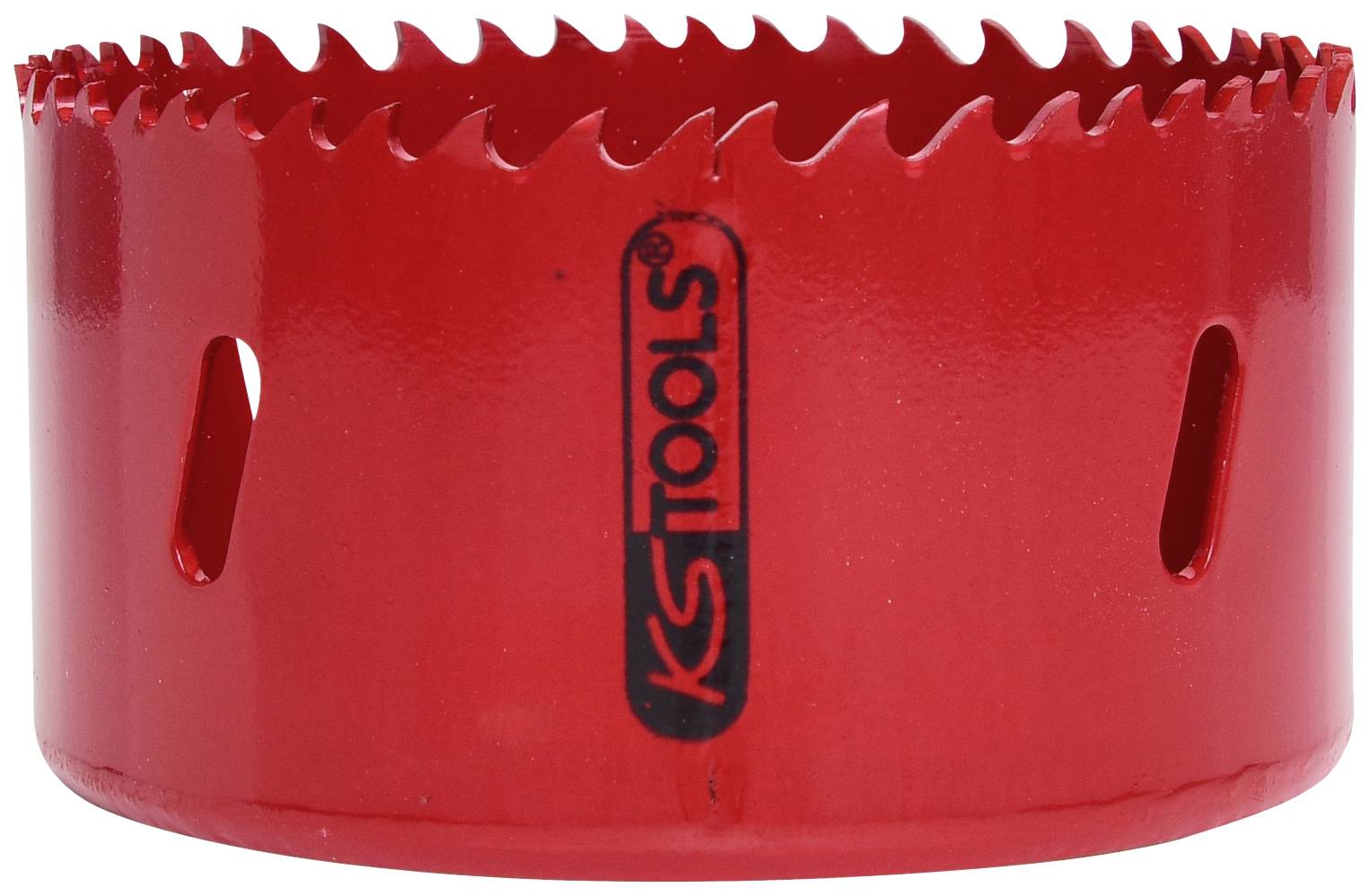 Red hole saw attachment with sharp teeth, suitable for drilling. Brand name printed in black on the side.