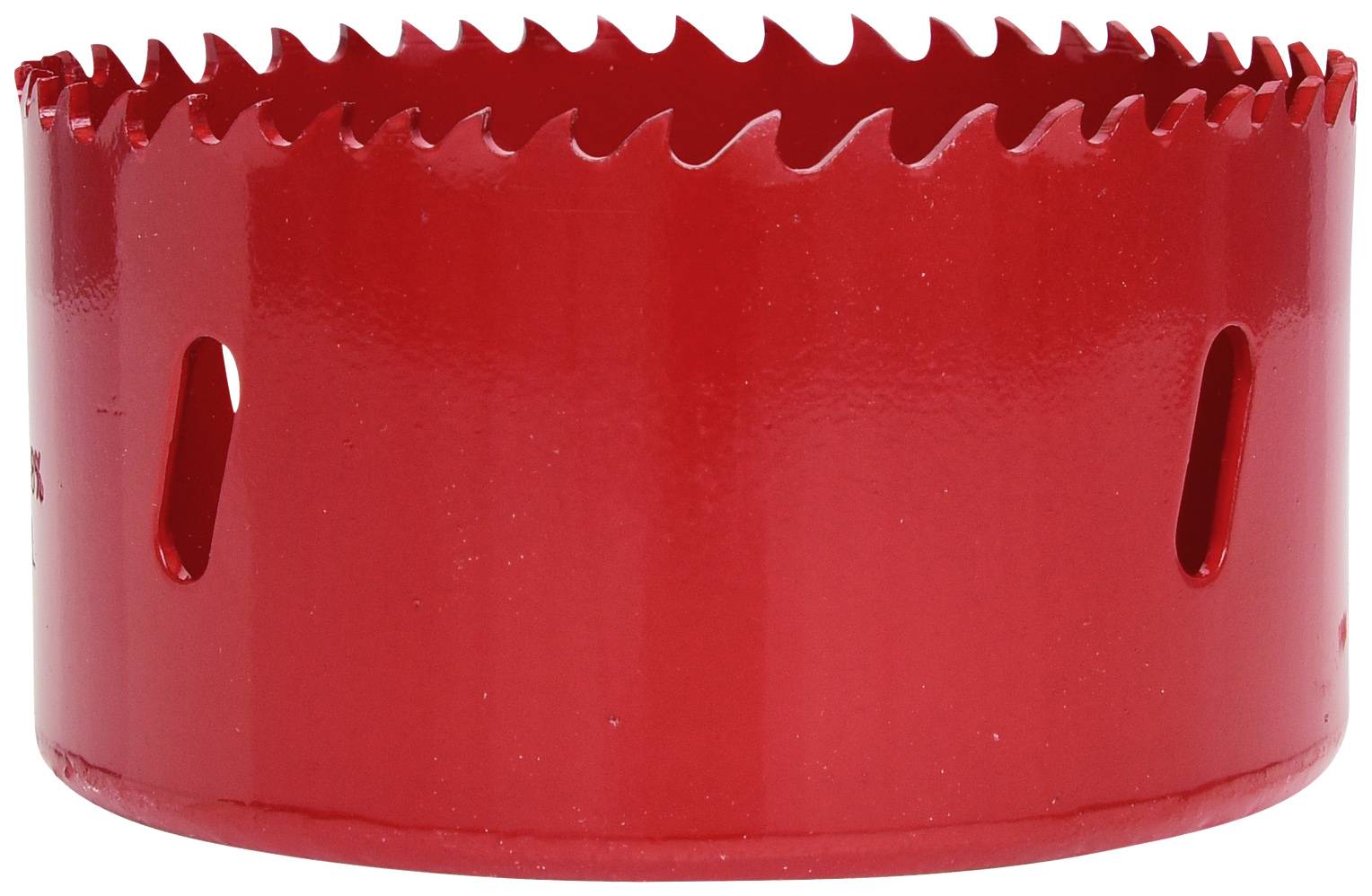 A red hole saw blade with sharp teeth, cylindrical in shape, used for drilling large holes in various materials.