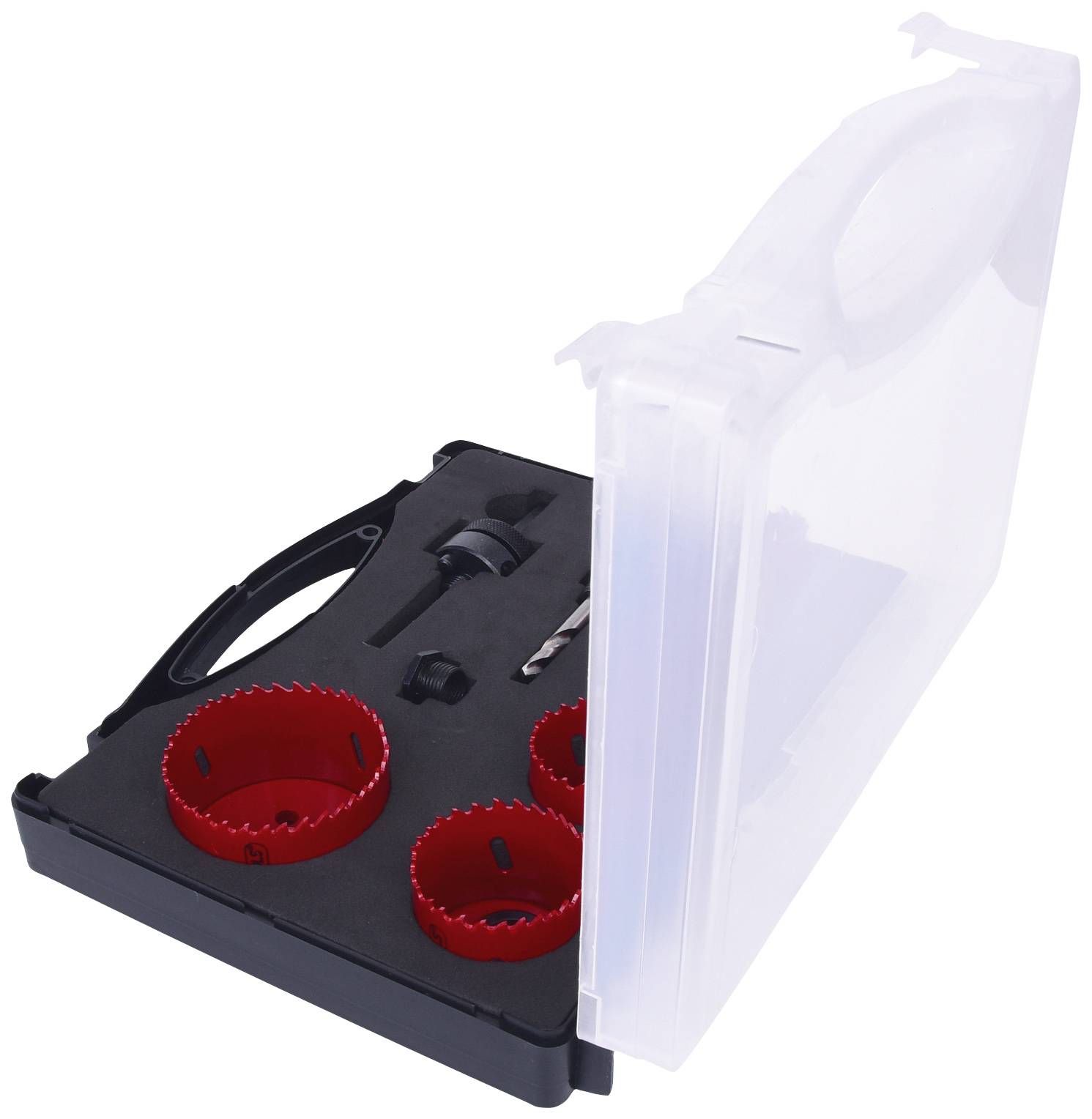 Tool case with red hole saws of various sizes and a drill, opened to display the tools.