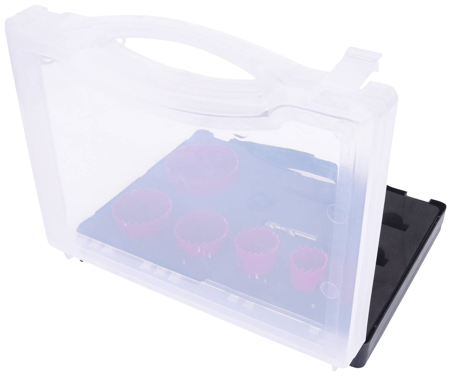 Transparent plastic box containing a red hole saw set. Includes five saw blades of varying sizes.
