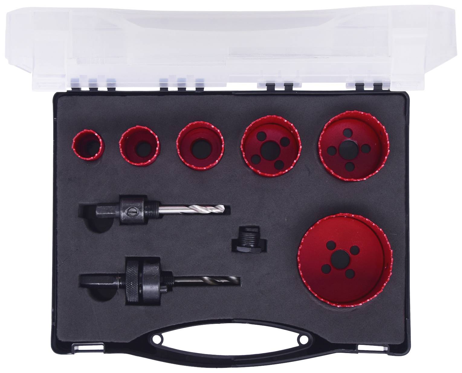 A case with red hole saws and black adapters on a foam insert, used for storing drilling tools.
