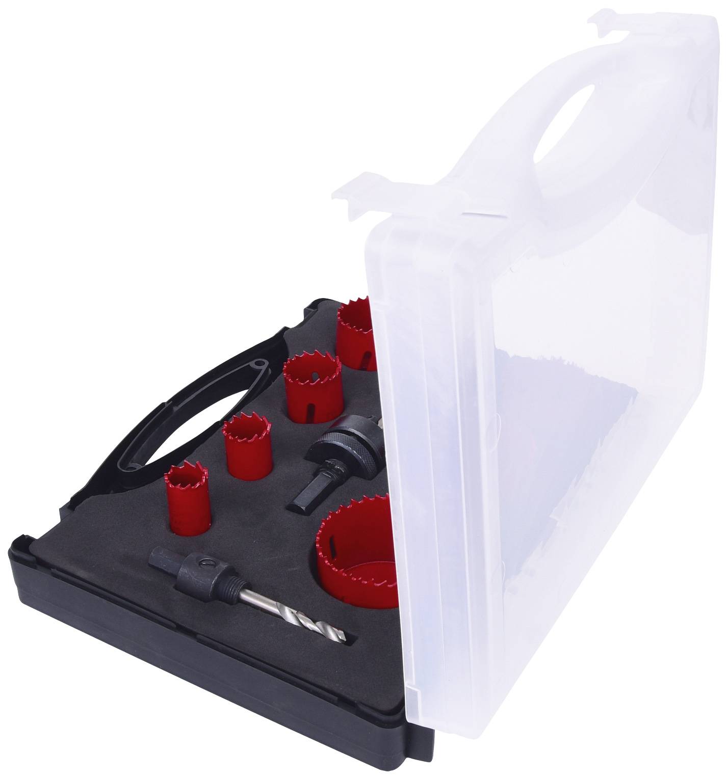 An open plastic case with various hole saw attachments and accessories, arranged in compartment inserts. Plastic handle visible.