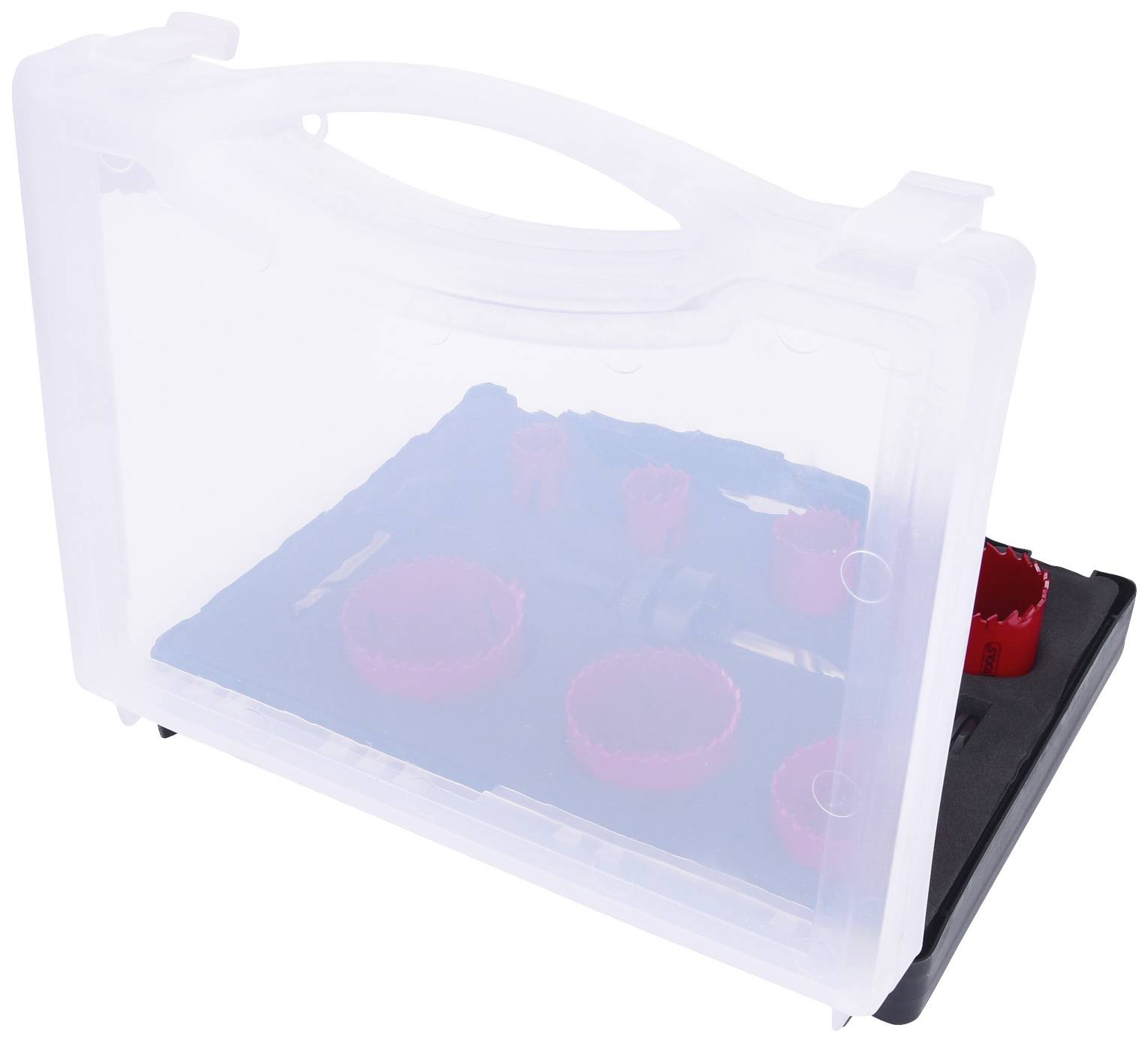 A transparent plastic case displays drill bits and hole saws in various sizes, coloured red and black, neatly arranged.