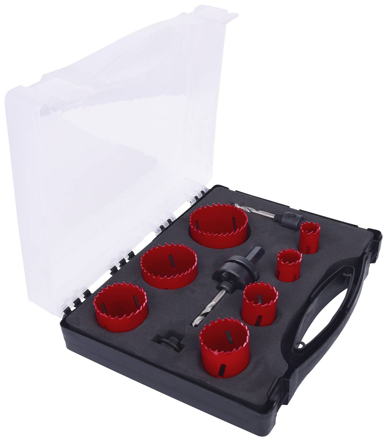 'An opened set of red hole saws in various sizes, housed in a black plastic case with a transparent lid.'
