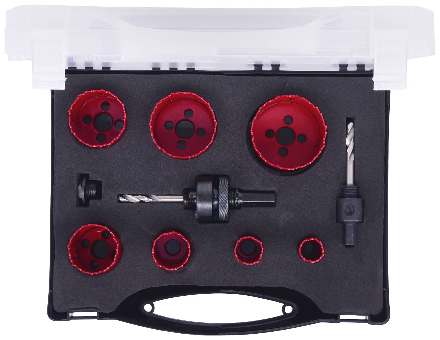 A set of nine red hole saws in various sizes, neatly arranged in a black case, with two drill bits and an adapter.