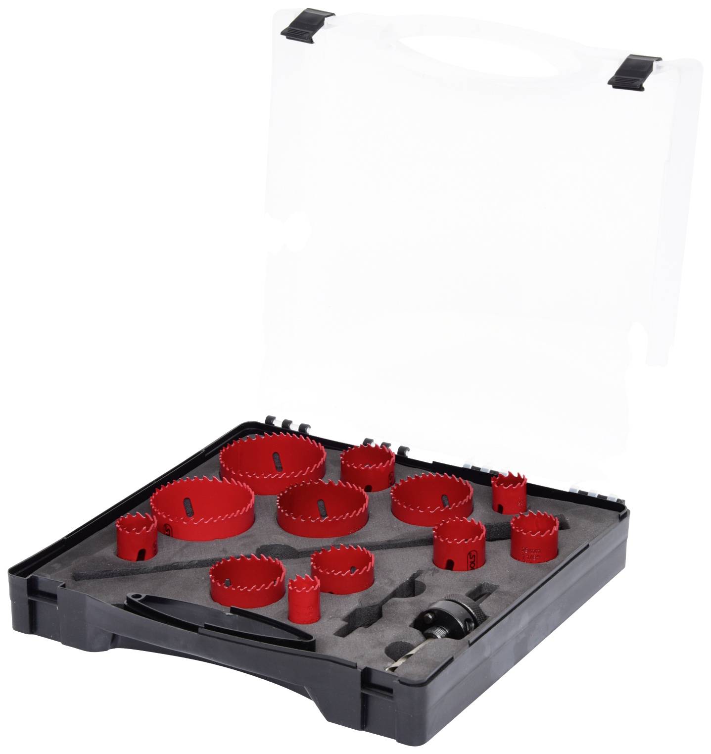 An open toolbox with red hole saws of various sizes and accessories, ready for use during construction work.