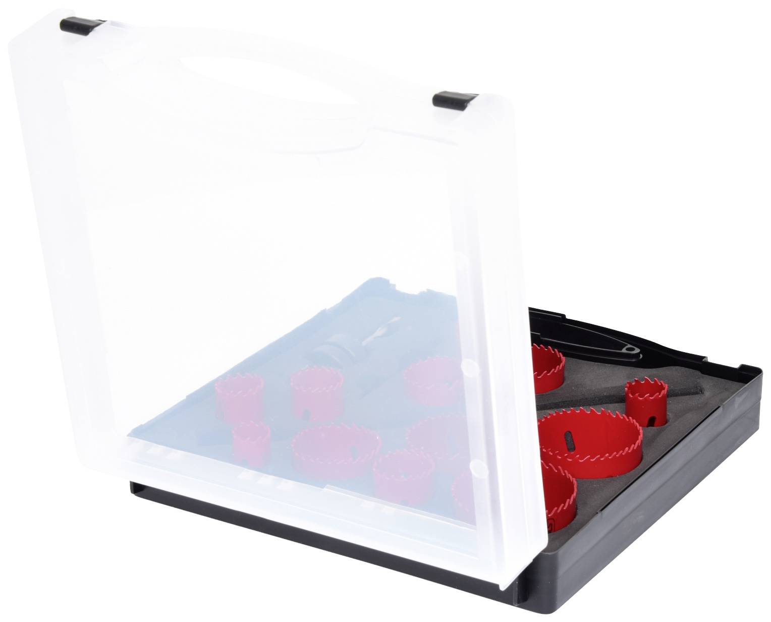 A case with various red hole saws in different sizes. The case is half open, and the hole saws are neatly arranged.