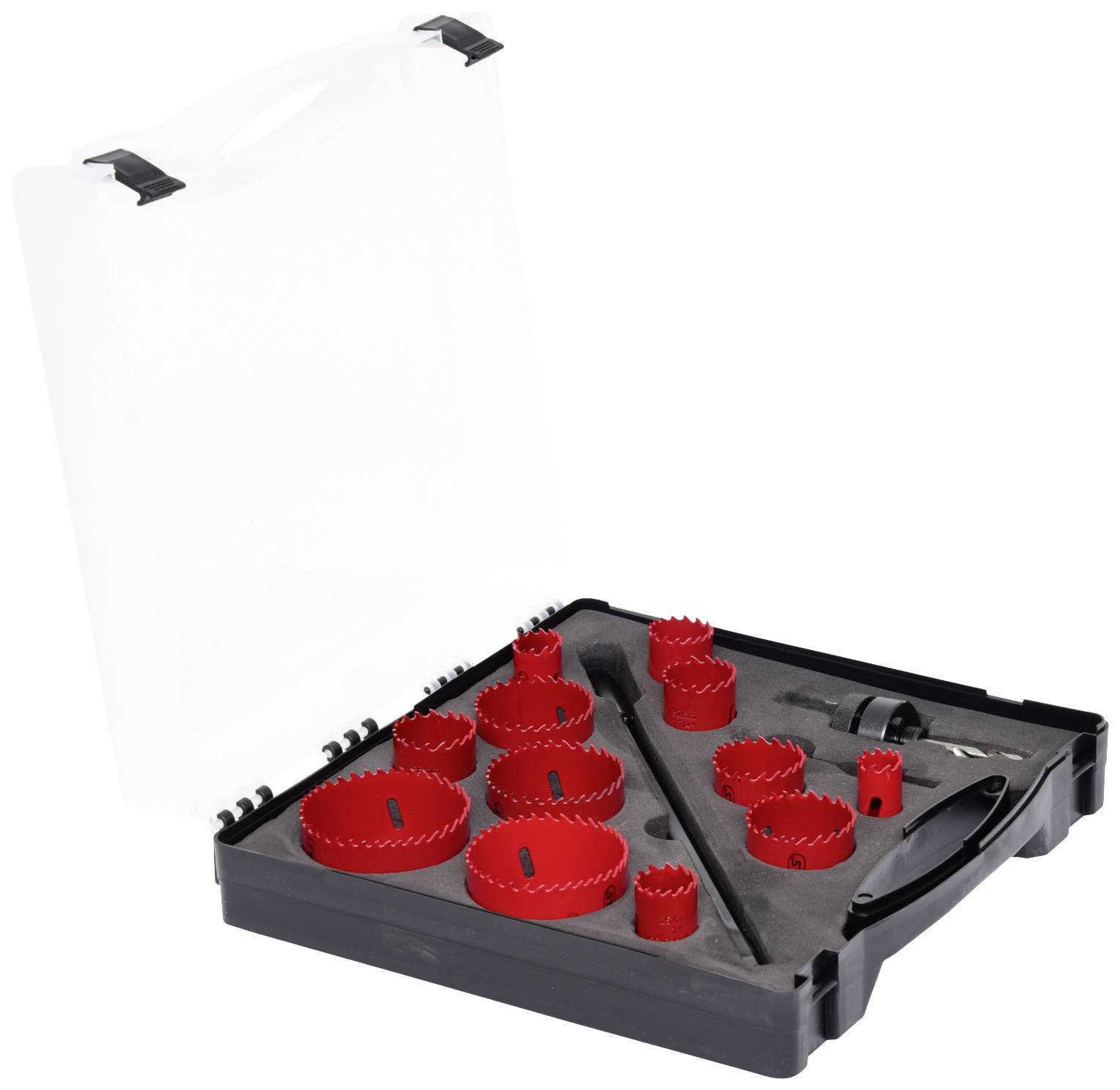 Set of red hole saws in various sizes in an open black case with a transparent lid.