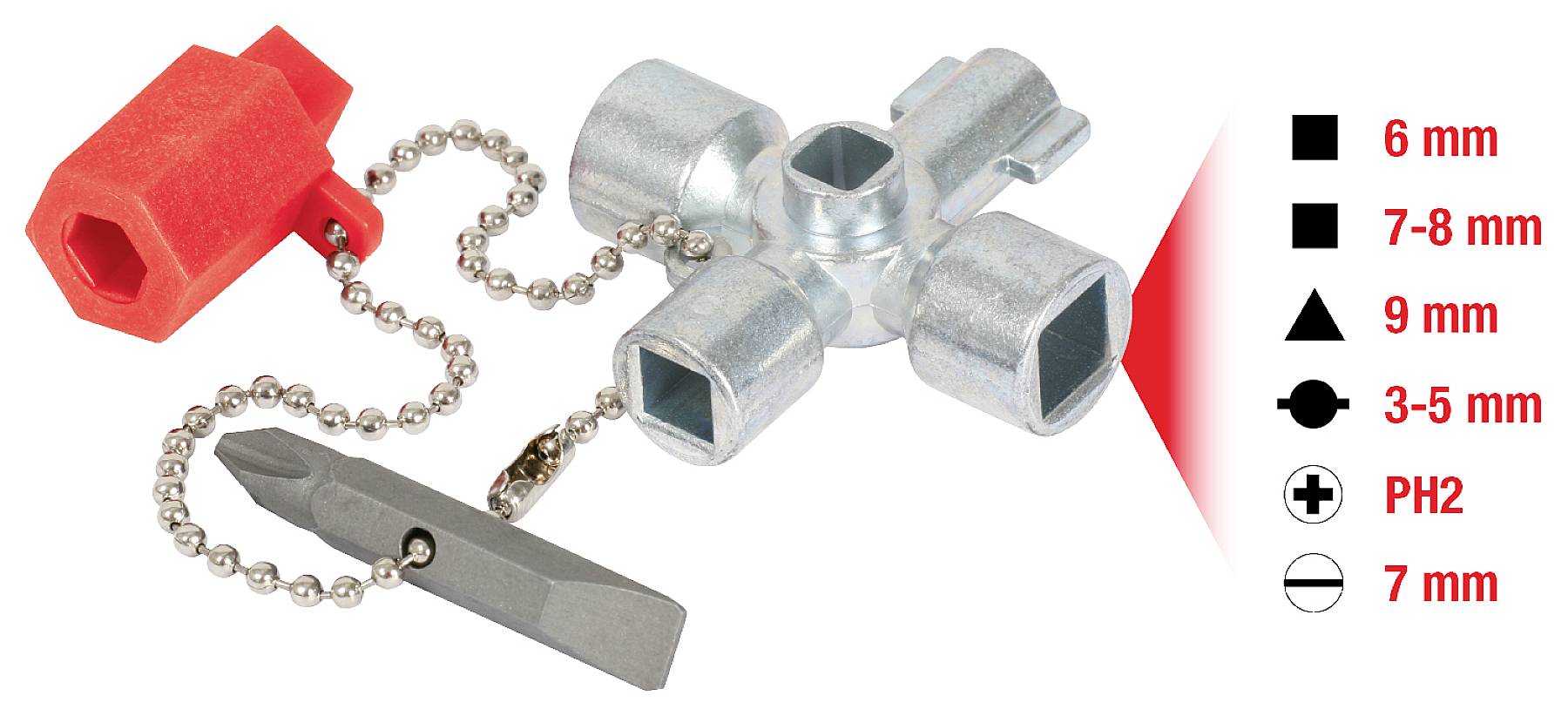 Multi-purpose key with various shapes and sizes, chain with screwdriver bit; red cap contains additional slot.