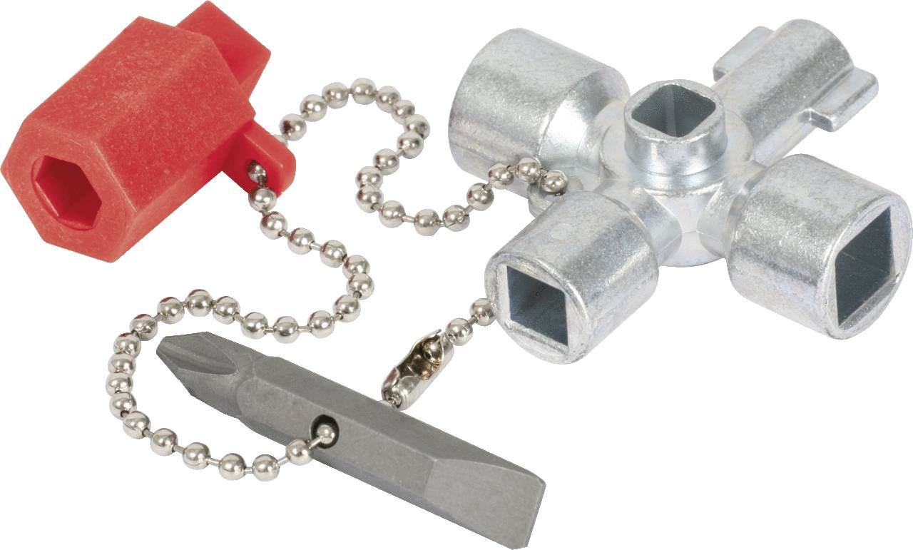 A silver square-headed key with a red plastic cap, chain and screwdriver attachment. A tool for opening technical installations.