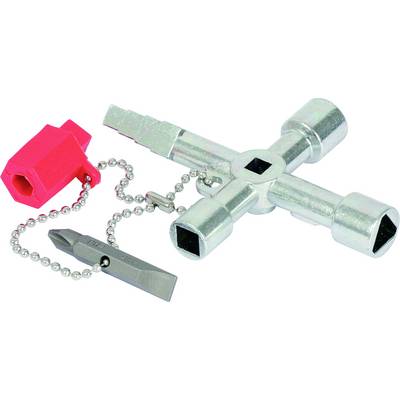 A silver square-head key with a chain and a small red adapter. Commonly used for utility meter boxes and electrical control cabinets.