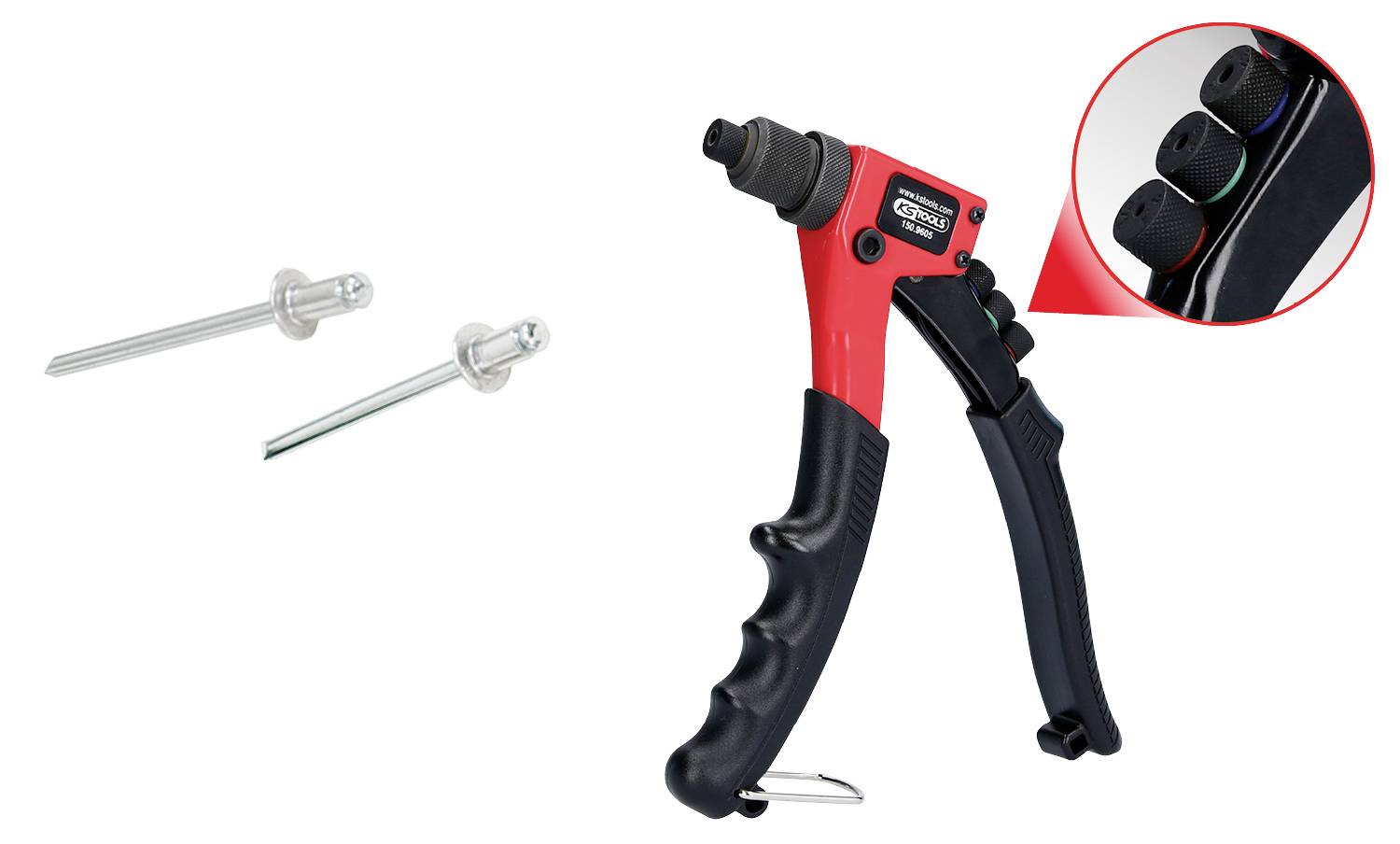 A red pop rivet pliers with a black handle and interchangeable head mechanism, with two separate pop rivets lying beside it.