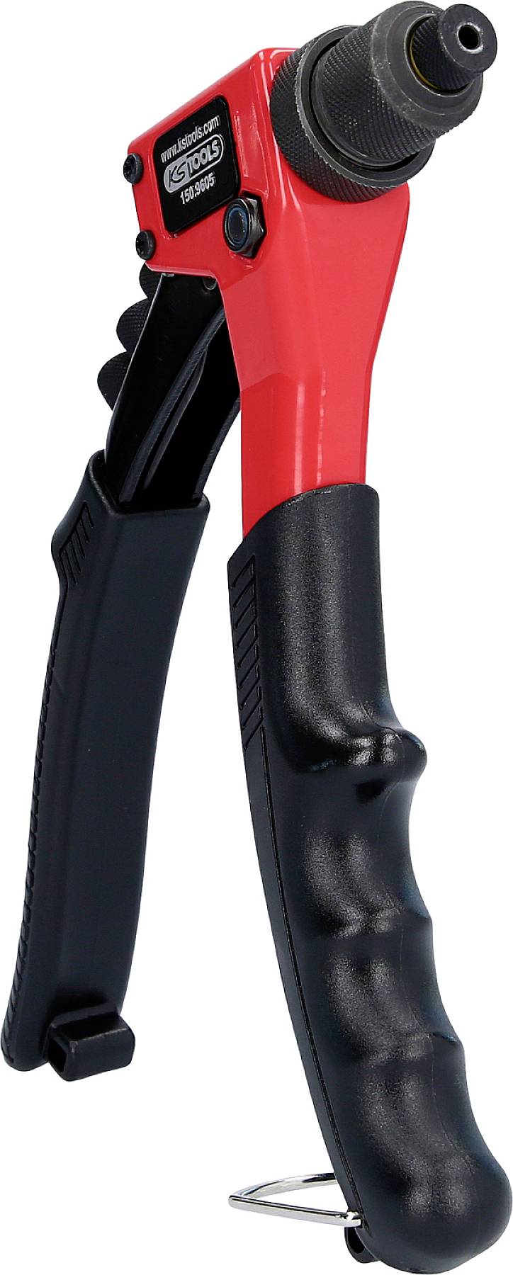 Hand riveter with a red body and black handle for setting blind rivets in various materials.