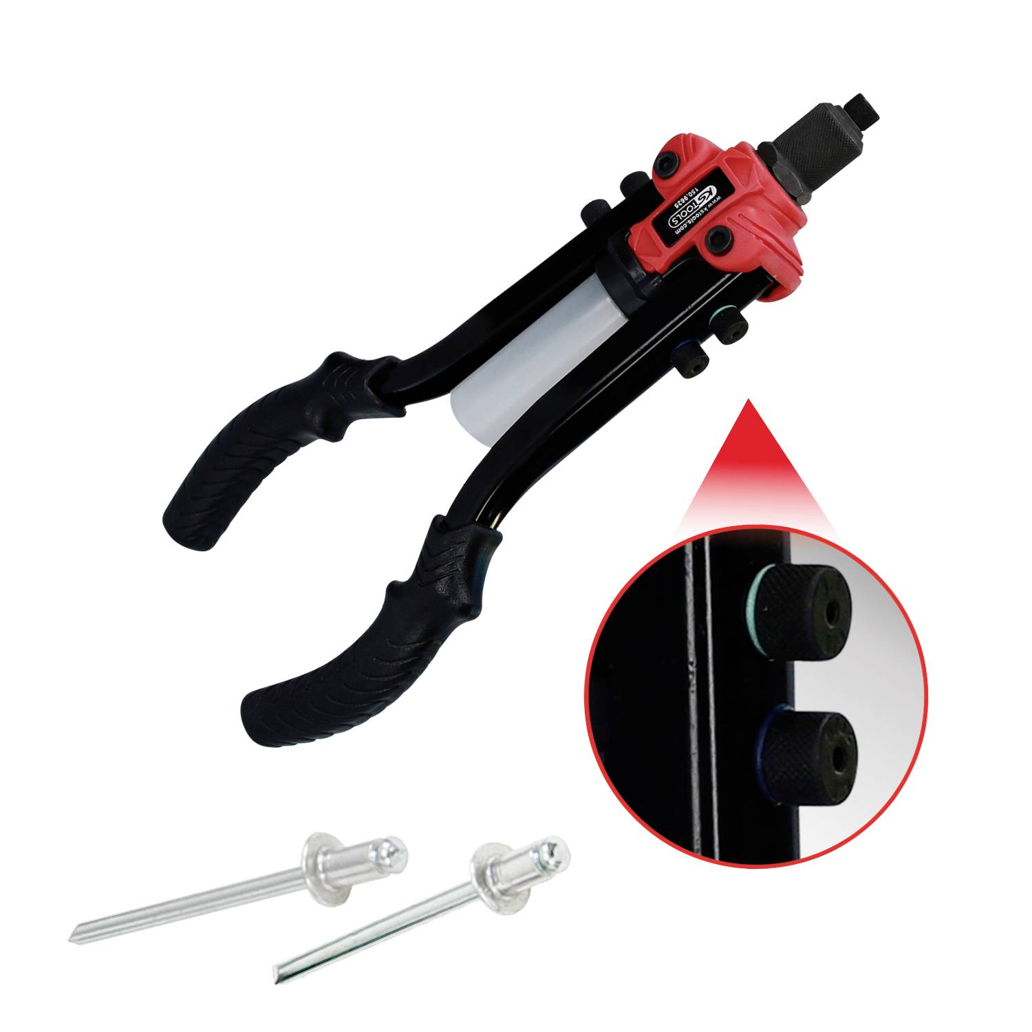A red and black wire cutter with two handles and two silver rivets beside it. Enlarged section shows consumption indicator.