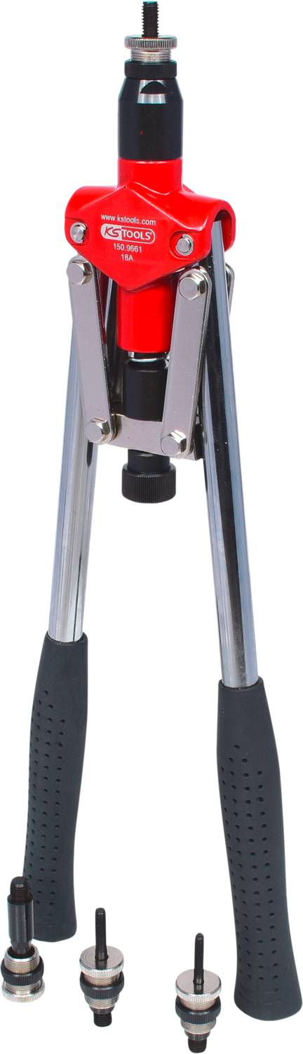 Rivet pliers with a red handle, two black levers, and three interchangeable rivet attachments, standing upright.