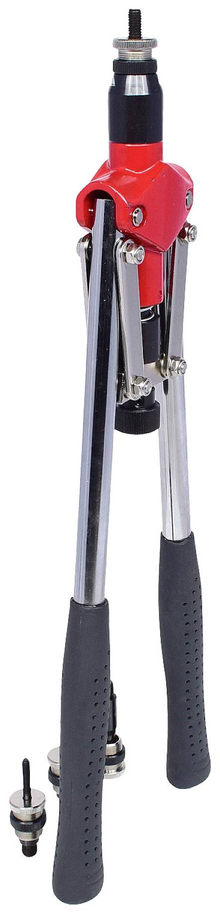 A red, manual lever rivet gun stands upright, with black handles and additional nozzles on the side.