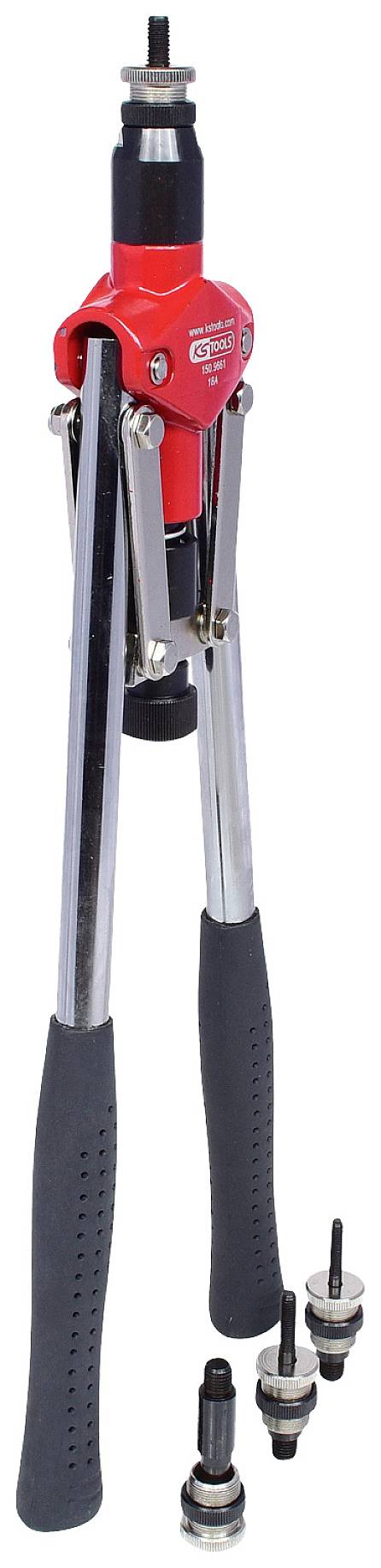 A red hand riveter with interchangeable inserts. It is used for connecting materials by riveting.