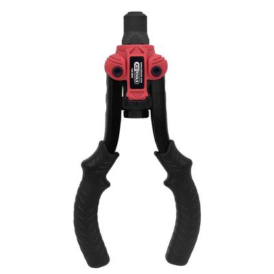 A red riveting pliers with black handles, suitable for setting rivets in various materials.